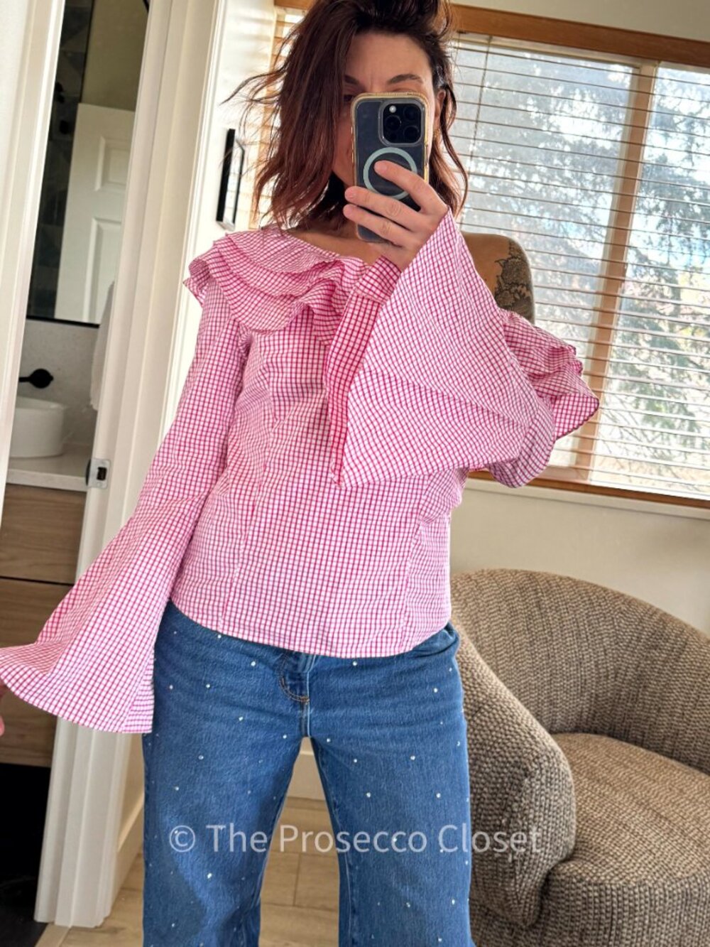 Scripted Cottagecore Gingham Off Shoulder Ruffle Blouse Top (M) - Picture 2 of 6
